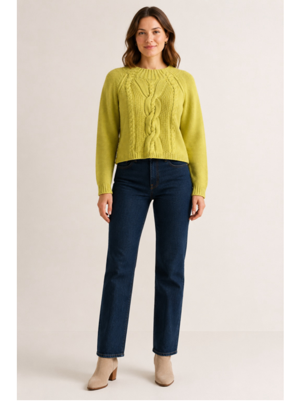 Women’s Chartreuse Cable-Knit Sweater – Size Medium